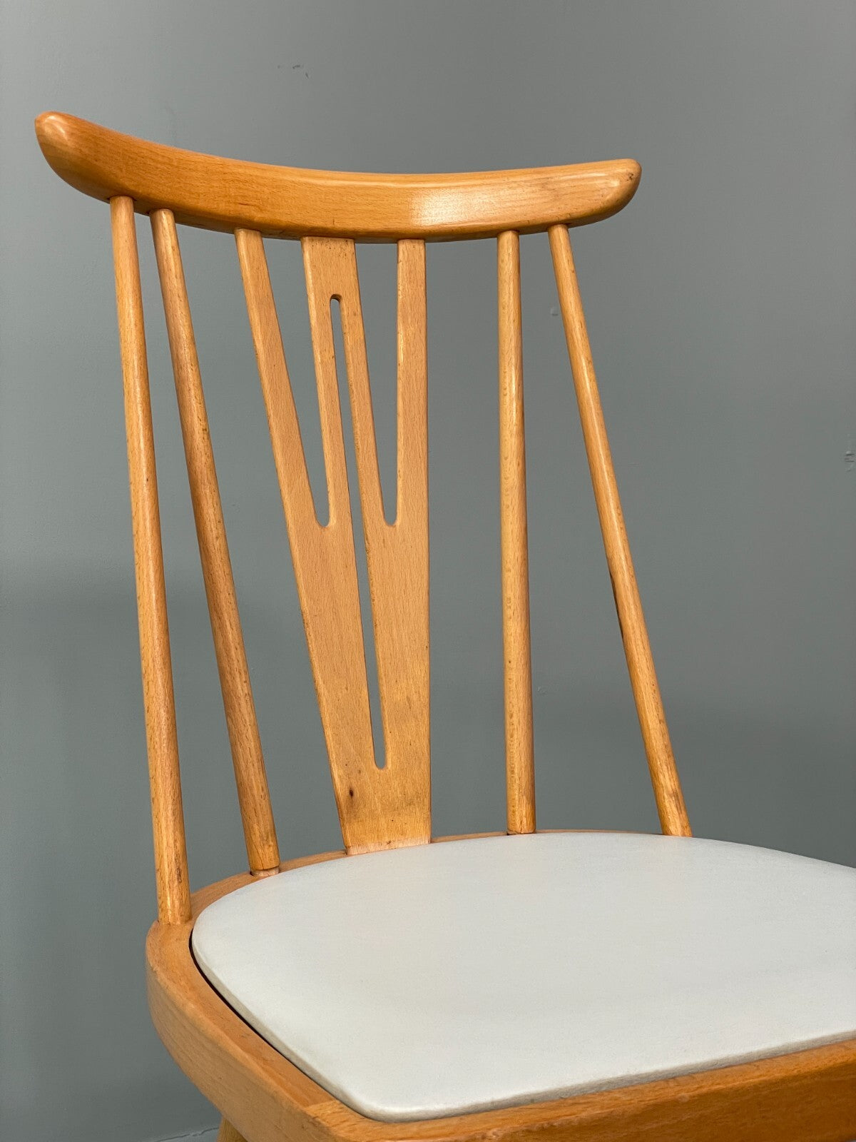 Mid Century Beech Dining Chairs Pair Off White Vinyl 1960s EB9779 MDIN - UKDK FURNITURE