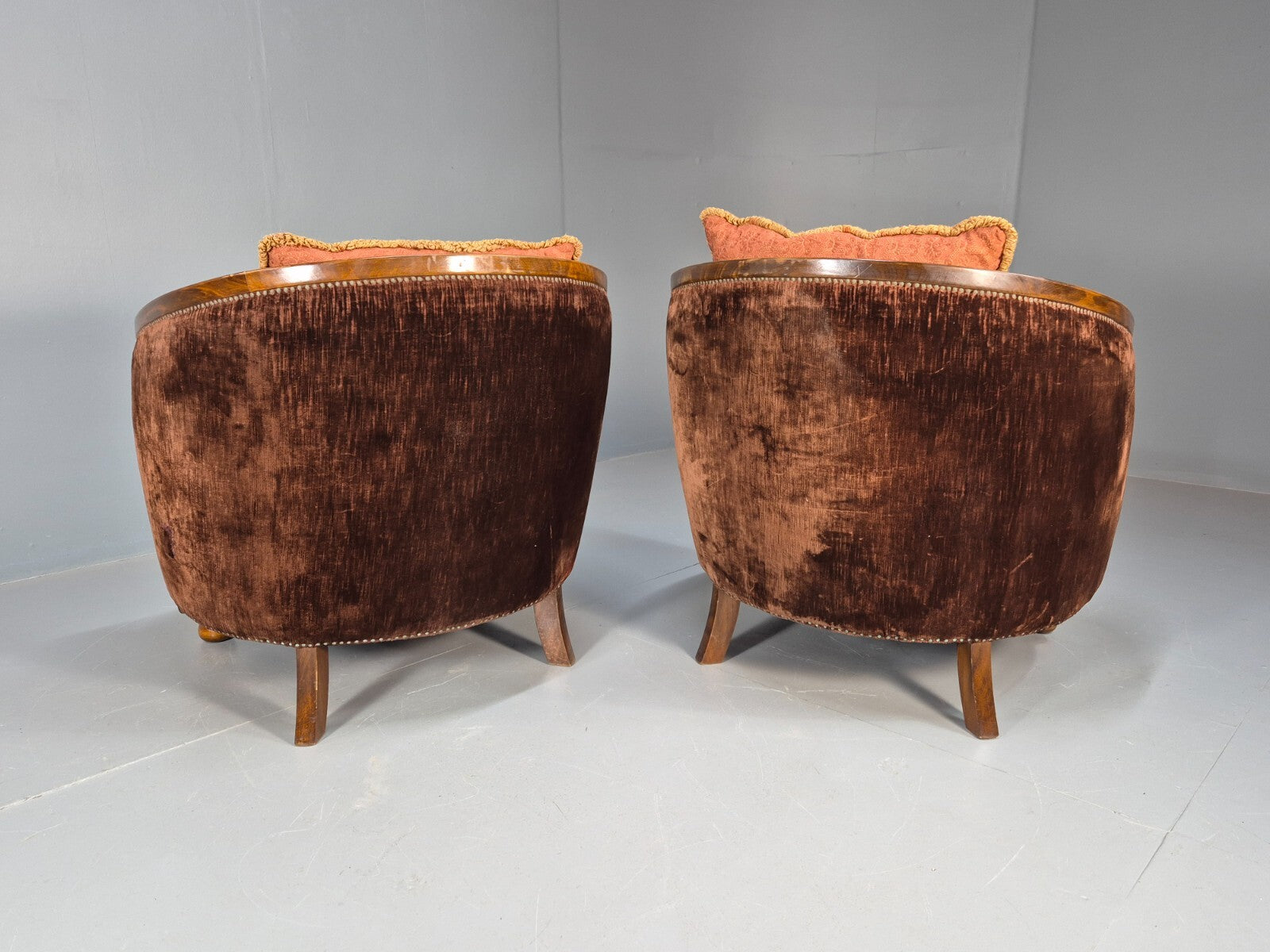2 Vintage Art Deco Danish Tub Lounge Chairs Damask and Velvet 1940s EB9004 VCLO - UKDK FURNITURE