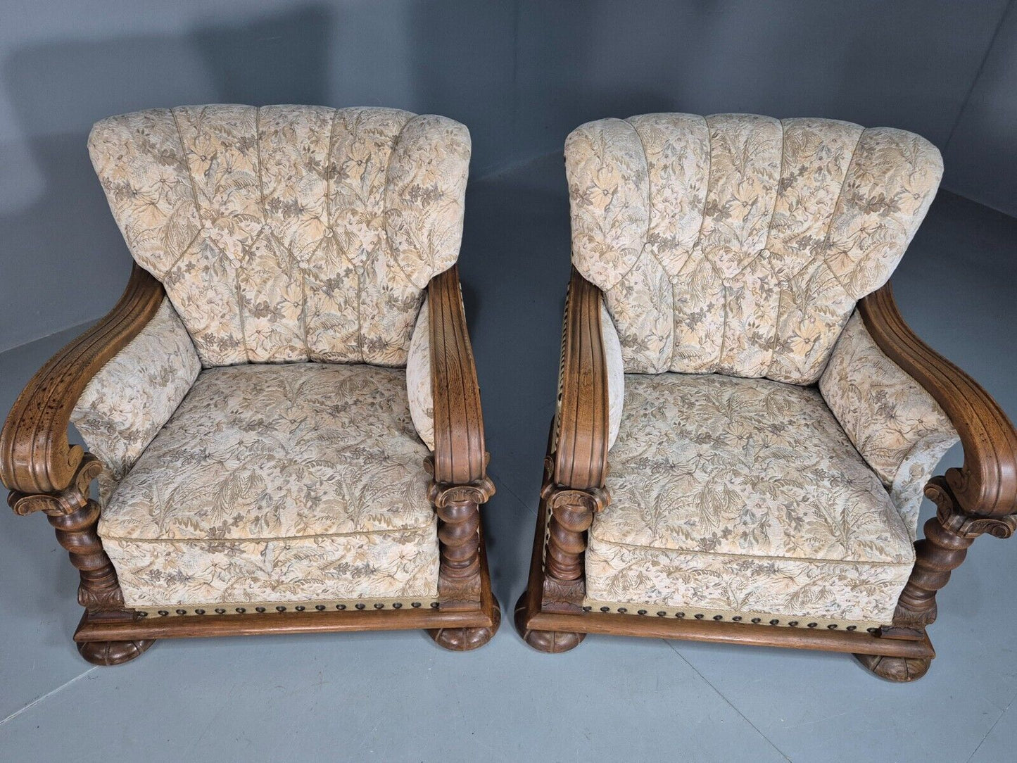 2 Vintage Danish Lounge Chair Floral Cotton Oak Detailing Antique Deco 1920 VCLO - UKDK FURNITURE
