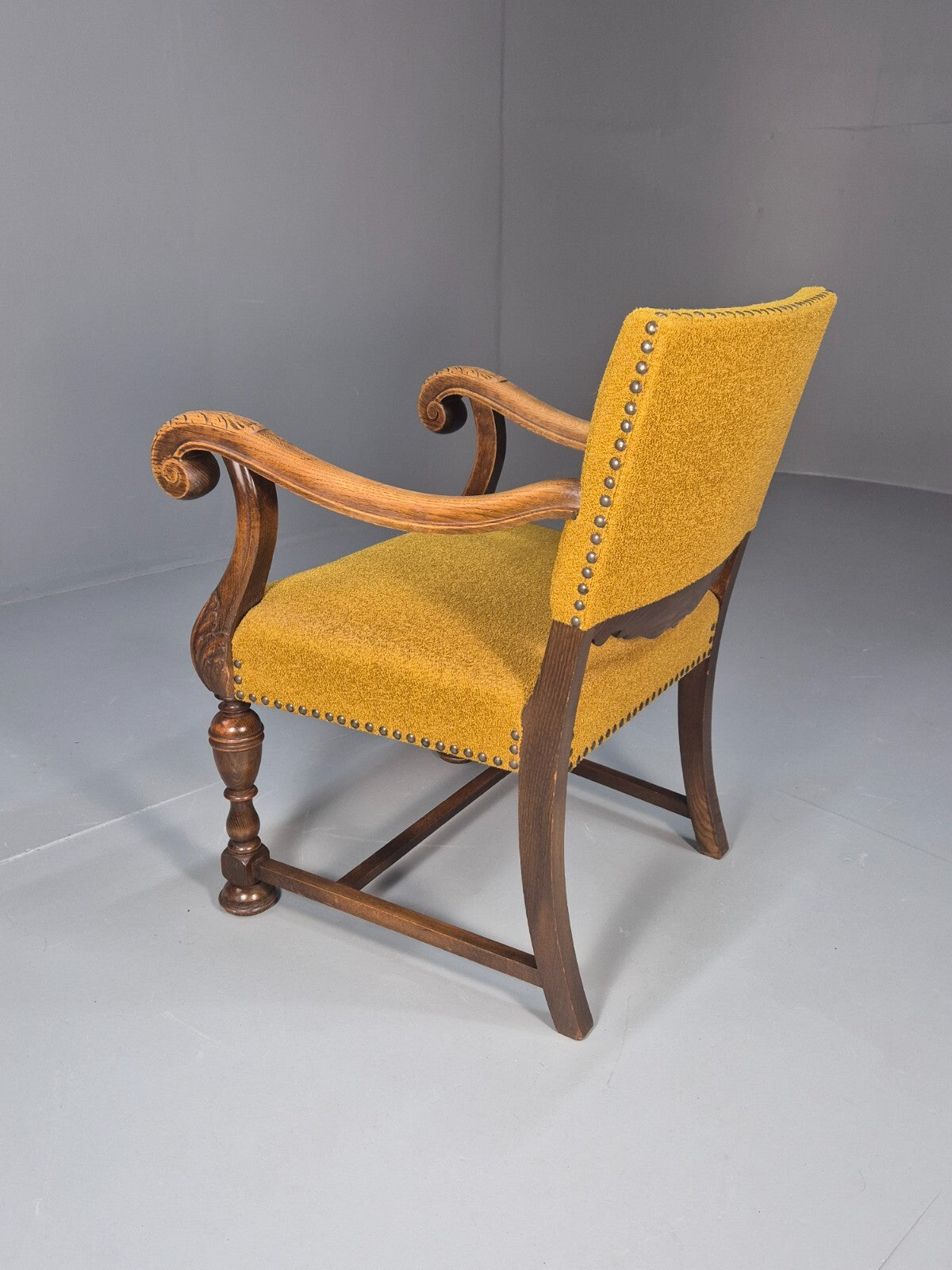 Vintage Danish Elbow Chair Yellow Carved Oak Frame 18th C Style EB9654 VCLO - UKDK FURNITURE