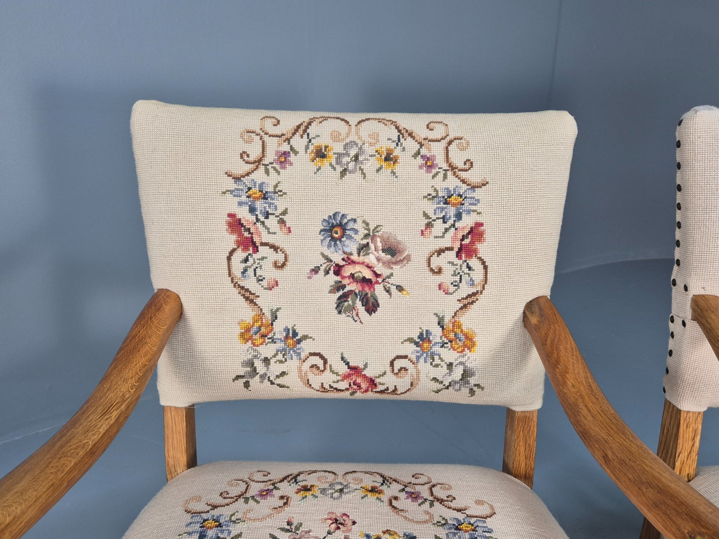 2 Baroque Elbow Chairs Oak Frame Vintage Denmark Floral Upholstery EB10727 VCAR17