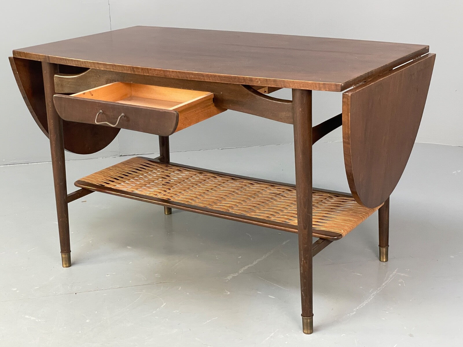 Vintage Walnut Extending Coffee Table Rattan Shelf Drawers 1950s EB9441 MWOO - UKDK FURNITURE