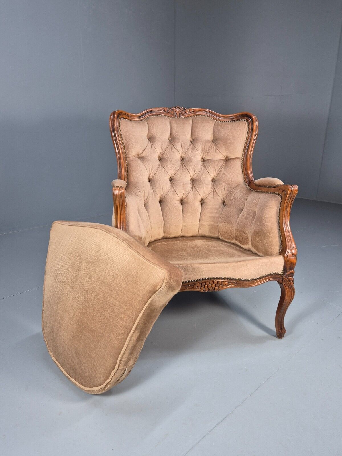 Vintage Danish Lounge Chair Beige Velour Beech Antique French Style EB8926 VCLO - UKDK FURNITURE