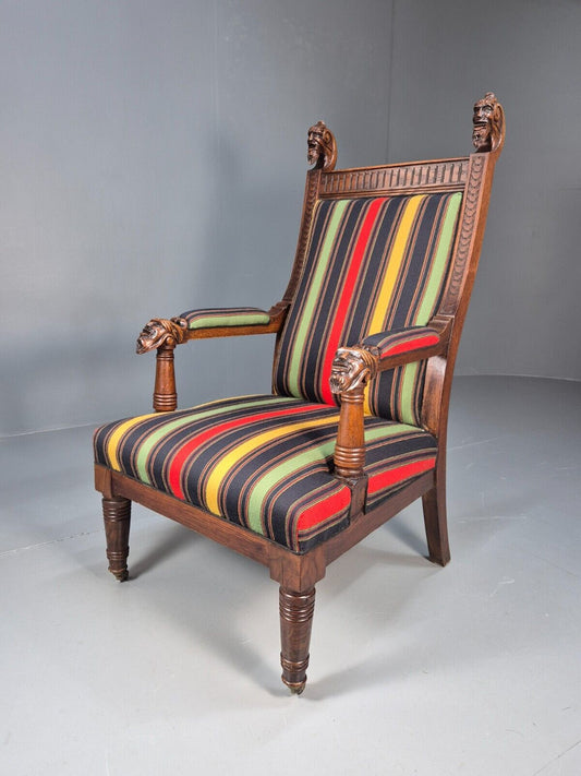 Vintage Danish Lounge Chair Multicoloured Carved Oak Figures Antique EB8951 VCLO - UKDK FURNITURE