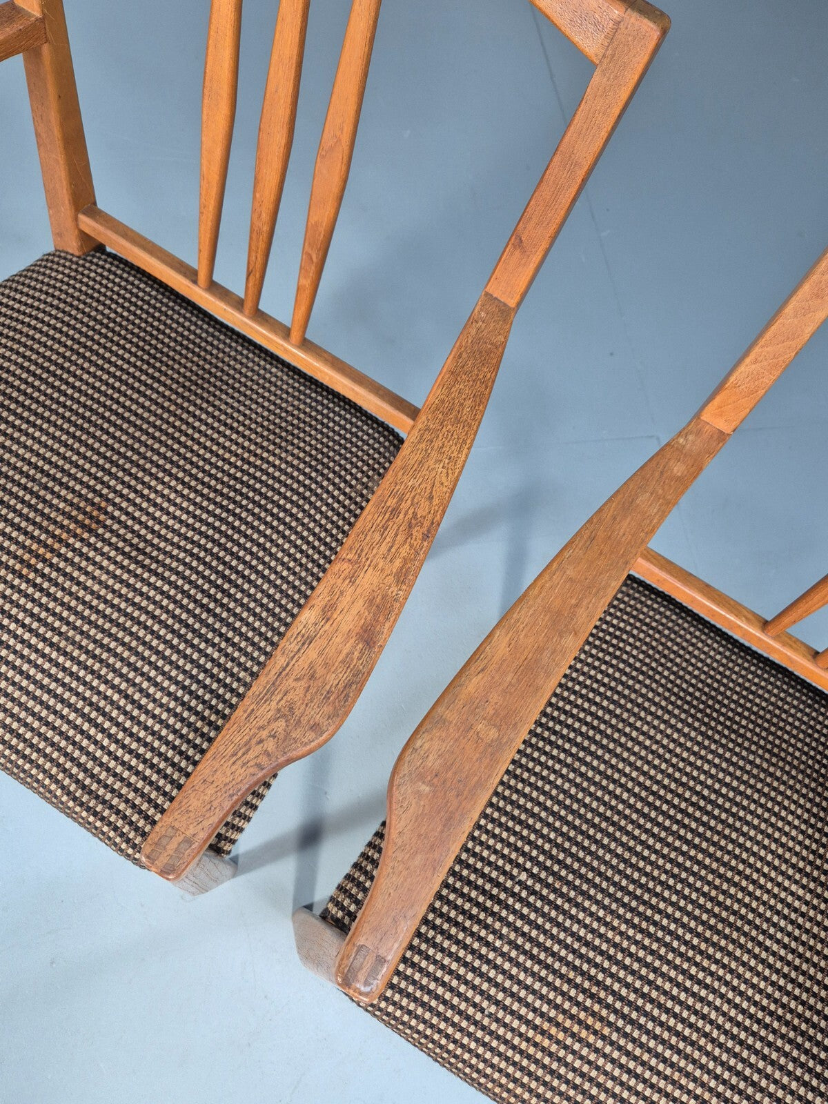 2 Gordon Russell Carver Dining Chairs Teak Green and Cream Wool MCM EB9748 MDIN - UKDK FURNITURE