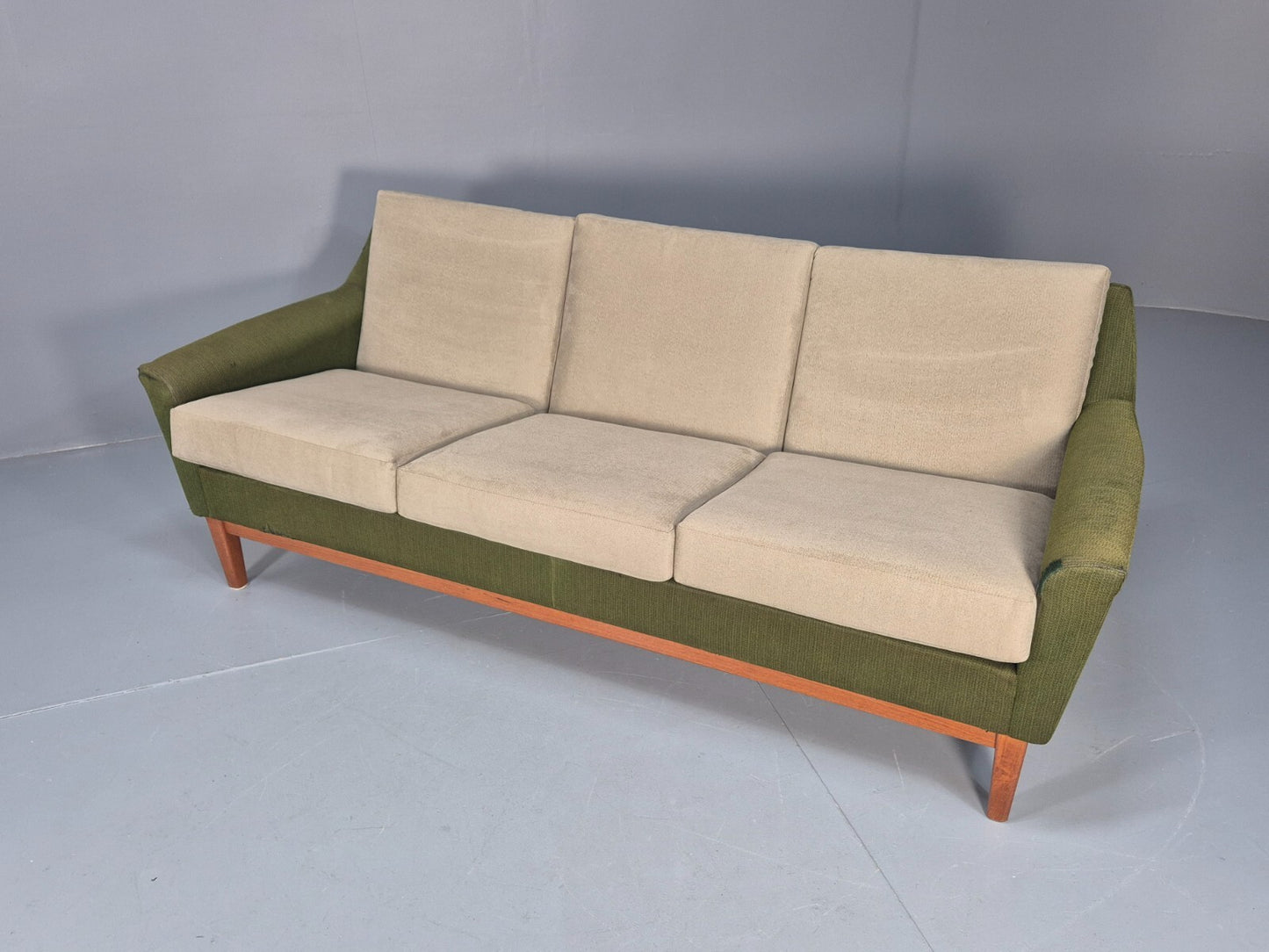 Mid Century 3 Seater Sofa Green Cream Fabric Teak Vintage Scandi EB9794 M3SS - UKDK FURNITURE