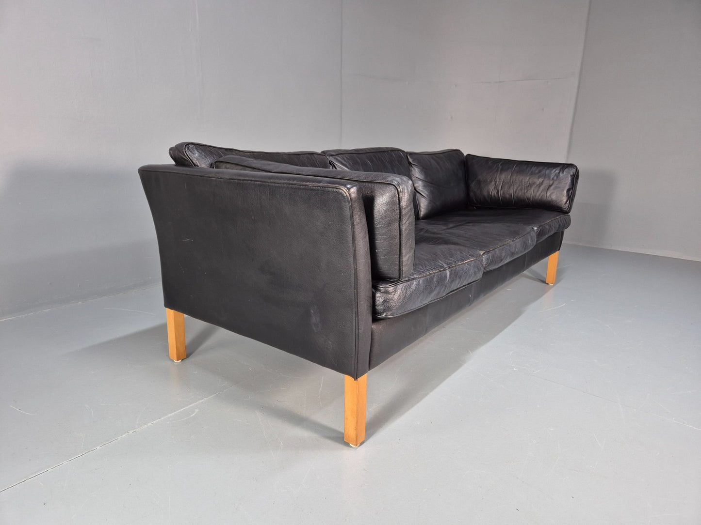 Mid Century Three Seater Sofa Vintage Danish Black Leather Retro EB10114 M3SS12