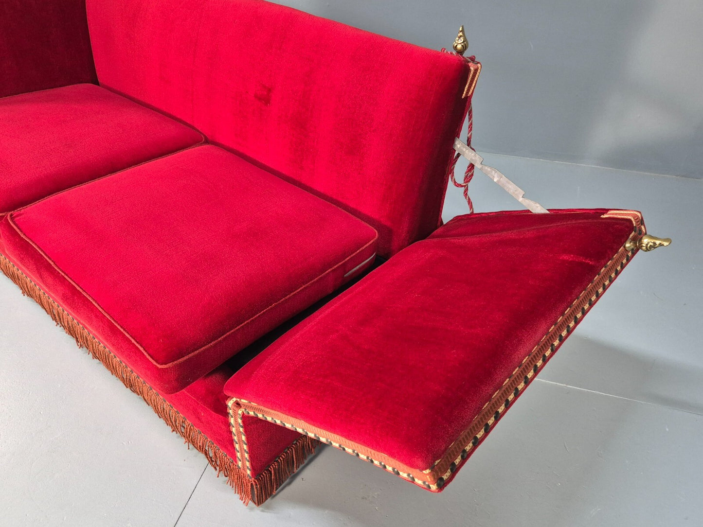 Vintage Danish Knowle Sofa Red Velour Cream Reversible Cushions 60s EB9648 V2SS - UKDK FURNITURE