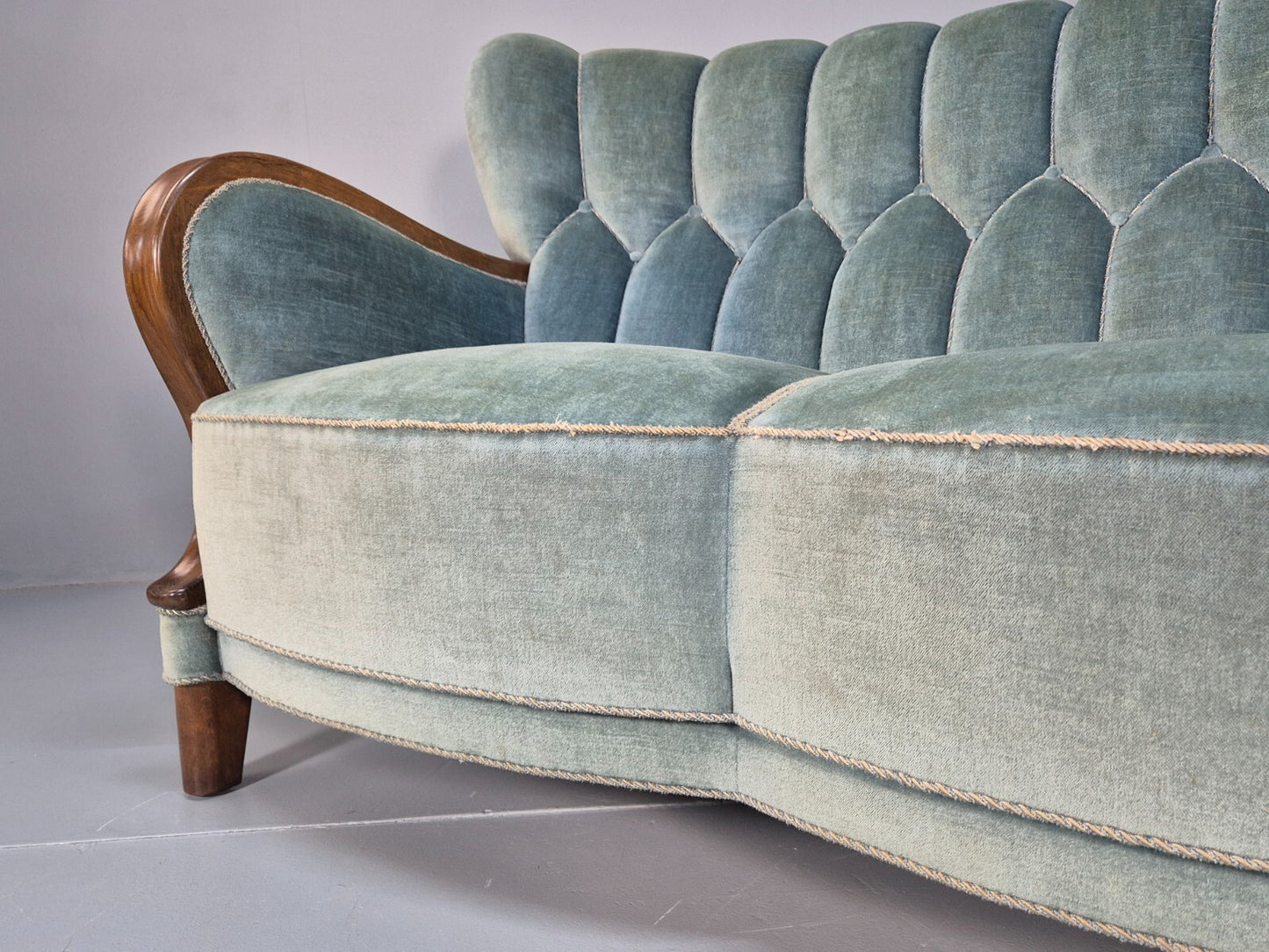 Vintage Danish Art Deco Sofa Blue Velvet Velour Oak Frame Shell Back EB9591 V3SS - UKDK FURNITURE
