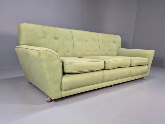 Vintage 1960s 3 Seat Sofa Green Cotton Fabric Mid Century UK Made EB9462 M3SS - UKDK FURNITURE