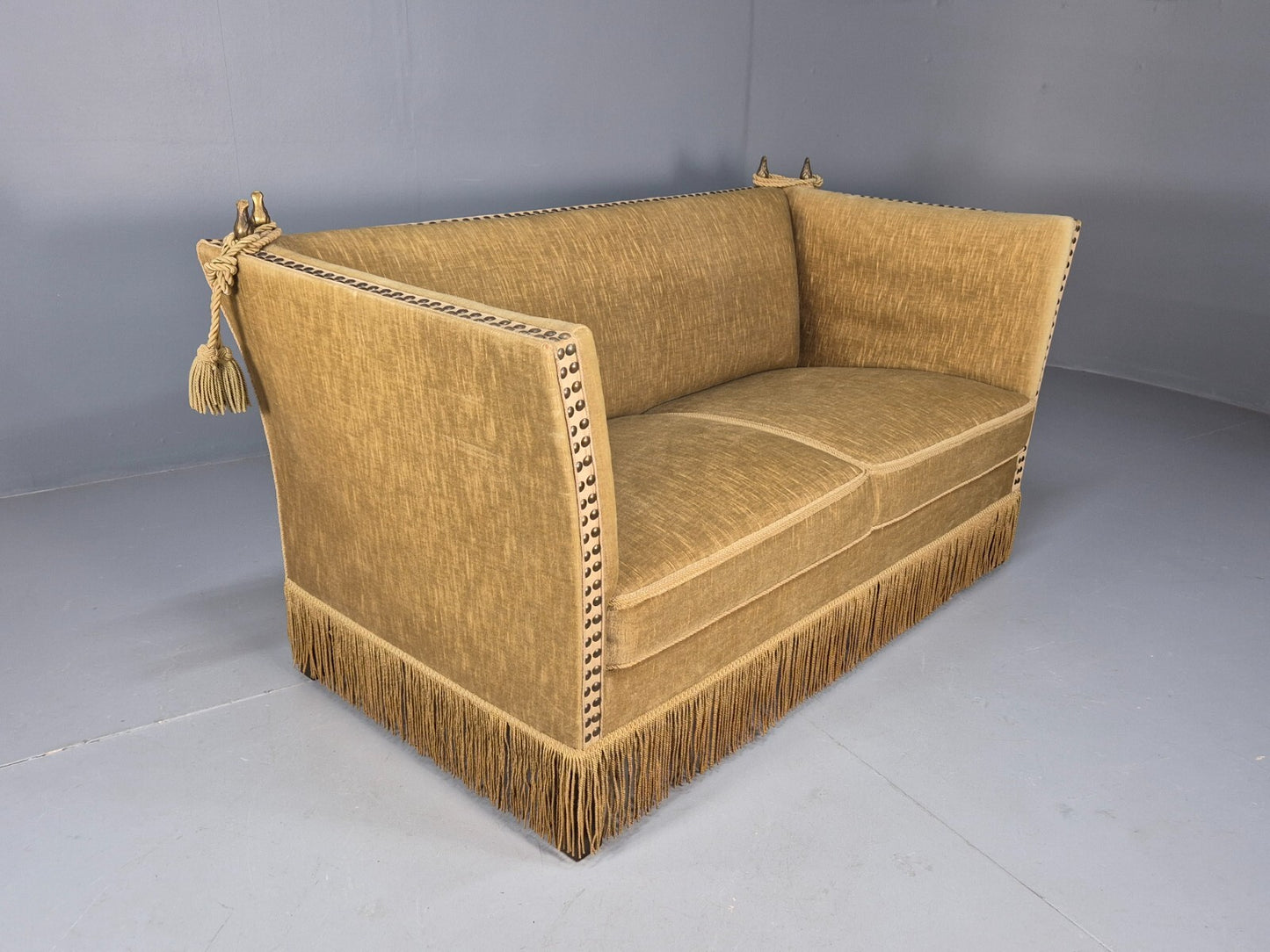 Vintage Two Seater Sofa Green Velour Studded Tassels Danish Design EB9549 V2SS - UKDK FURNITURE