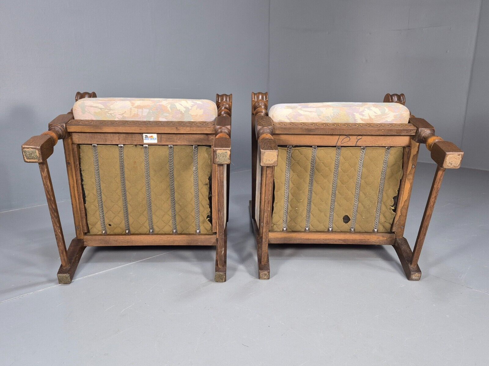 2 Vintage Danish Lounge Chairs Floral Beige Cotton Oak Frame Baroque EB8952 VCLO - UKDK FURNITURE