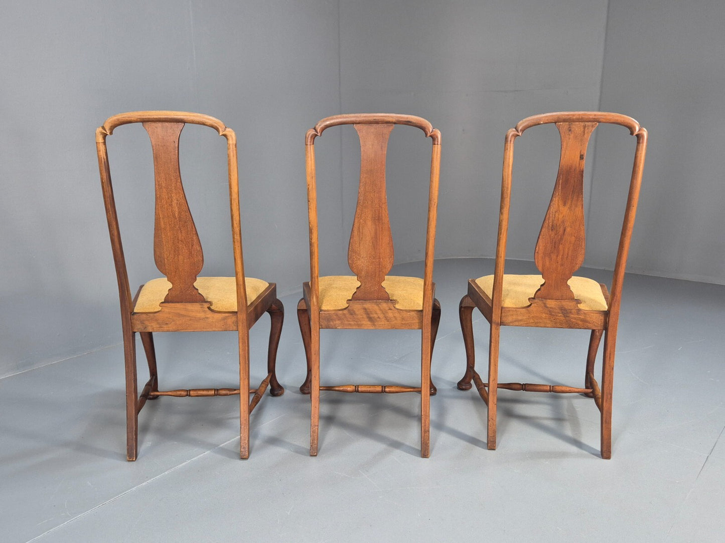 3 Walnut Queen Anne Style Dining Chairs Cabriole Pad Feet Splat Back EB9699 VDIN - UKDK FURNITURE