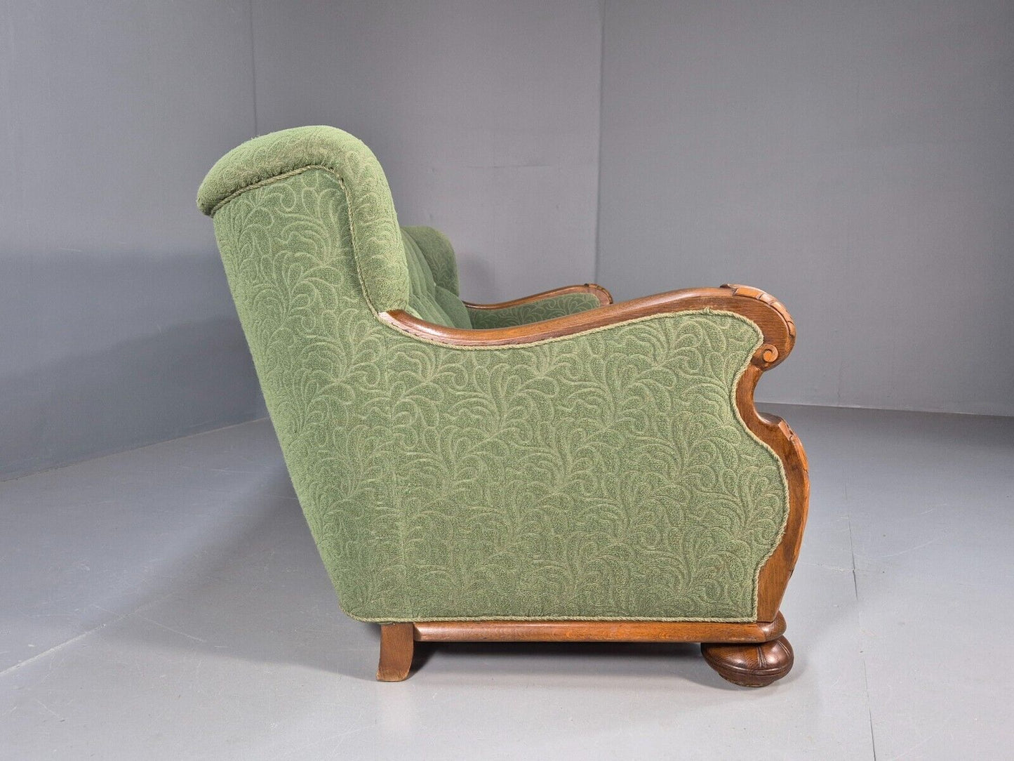 Vintage Danish Art Deco Sofa Oak Frame Green Moquette 1940s Antique EB8953 V3SS - UKDK FURNITURE