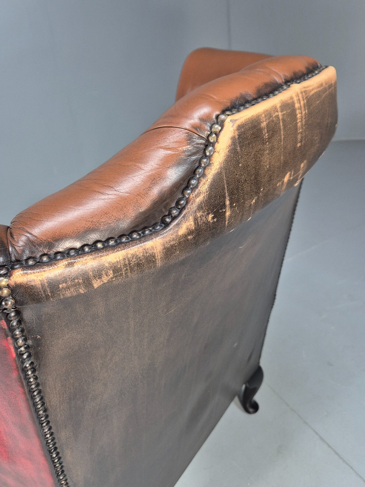 Vintage Leather Wingback Queen Anne Chair Brown 1980s Retro EB9543 VLEA - UKDK FURNITURE
