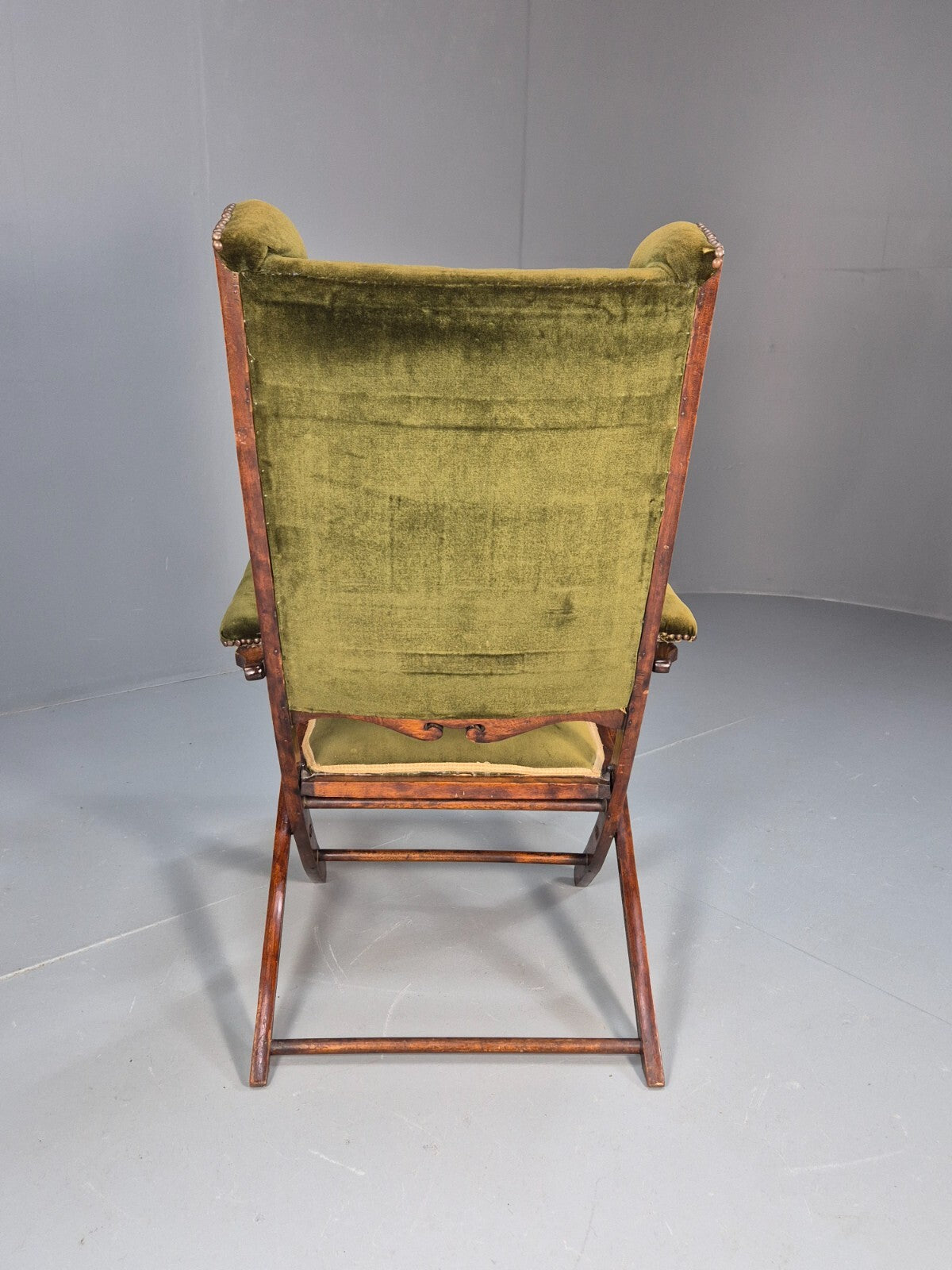 Antique Campaign Chair in Green Velour and Mahogany Victorian EB9696 VCLO - UKDK FURNITURE