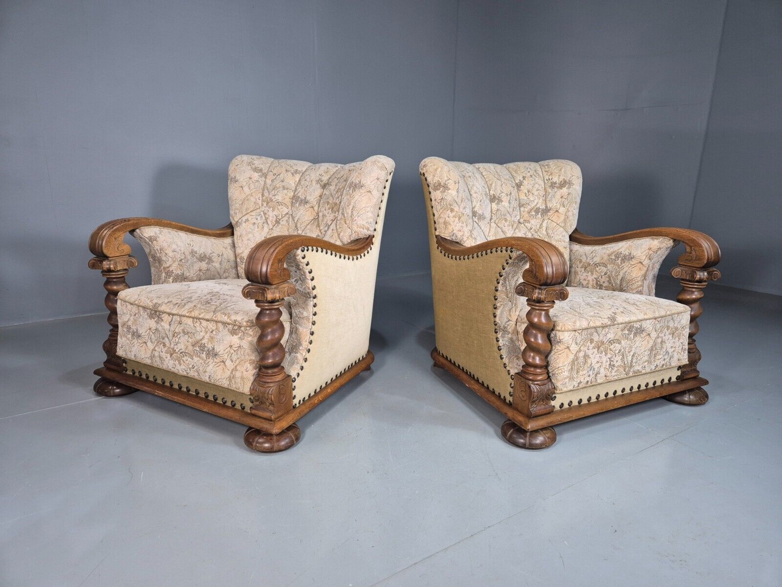 2 Vintage Danish Lounge Chair Floral Cotton Oak Detailing Antique Deco 1920 VCLO - UKDK FURNITURE
