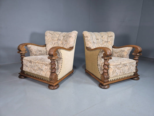 2 Vintage Danish Lounge Chair Floral Cotton Oak Detailing Antique Deco 1920 VCLO - UKDK FURNITURE