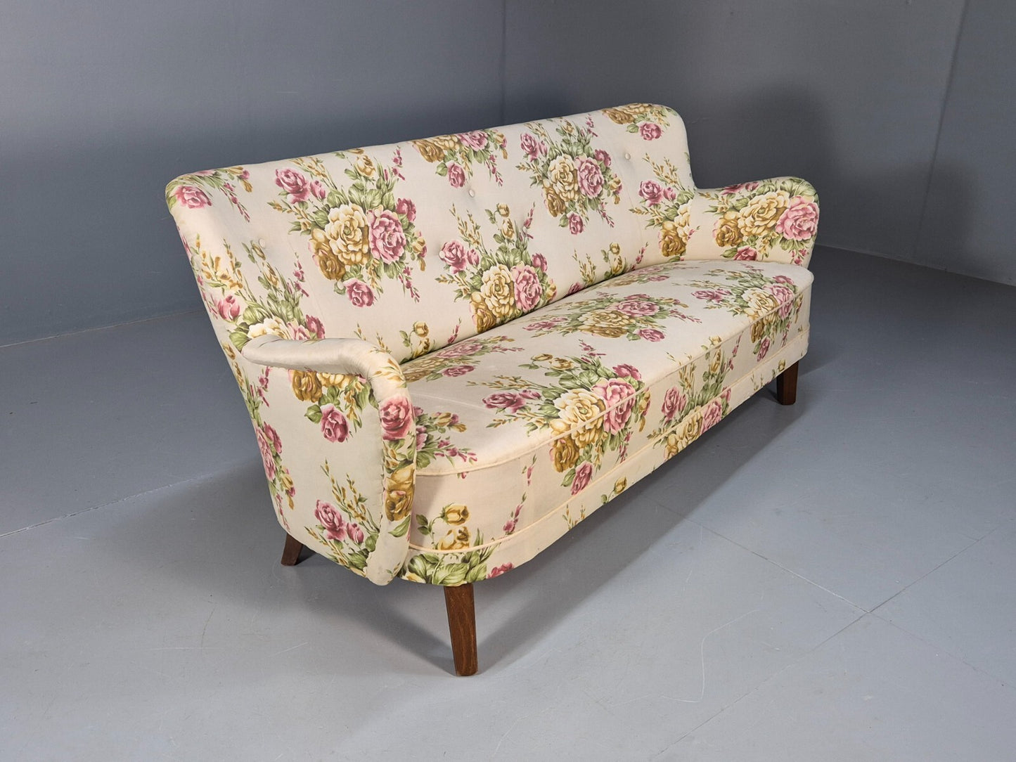 Vintage 3 Seater Sofa Floral Fabric 1950s Mid Century Danish Design EB9542 V3SS - UKDK FURNITURE