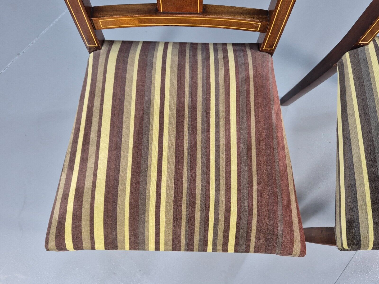 2 Vintage Dining Chairs Stripe Upholstery Boxwood Inlay 1920s EB8852 VDIN - UKDK FURNITURE