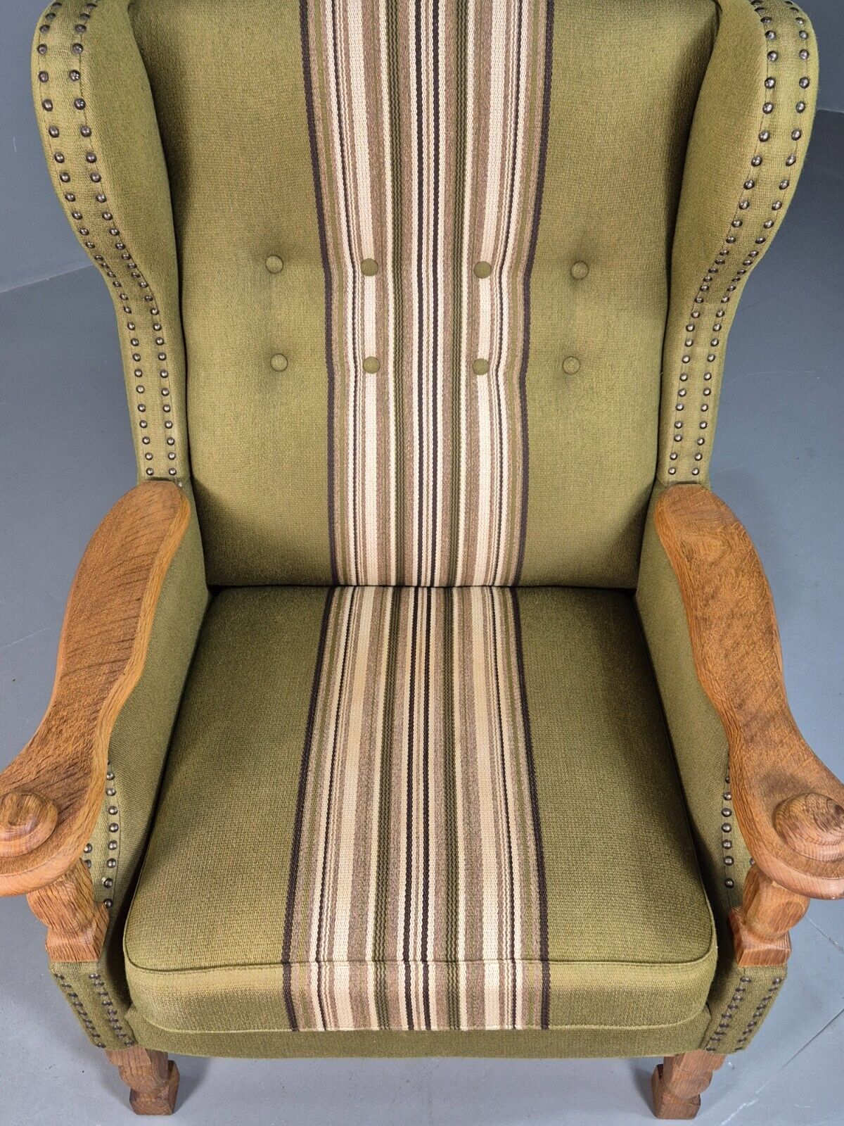 Vintage Danish Green Striped Wingback Armchair Oak Studded Skippers EB8044 MNOR - UKDK FURNITURE
