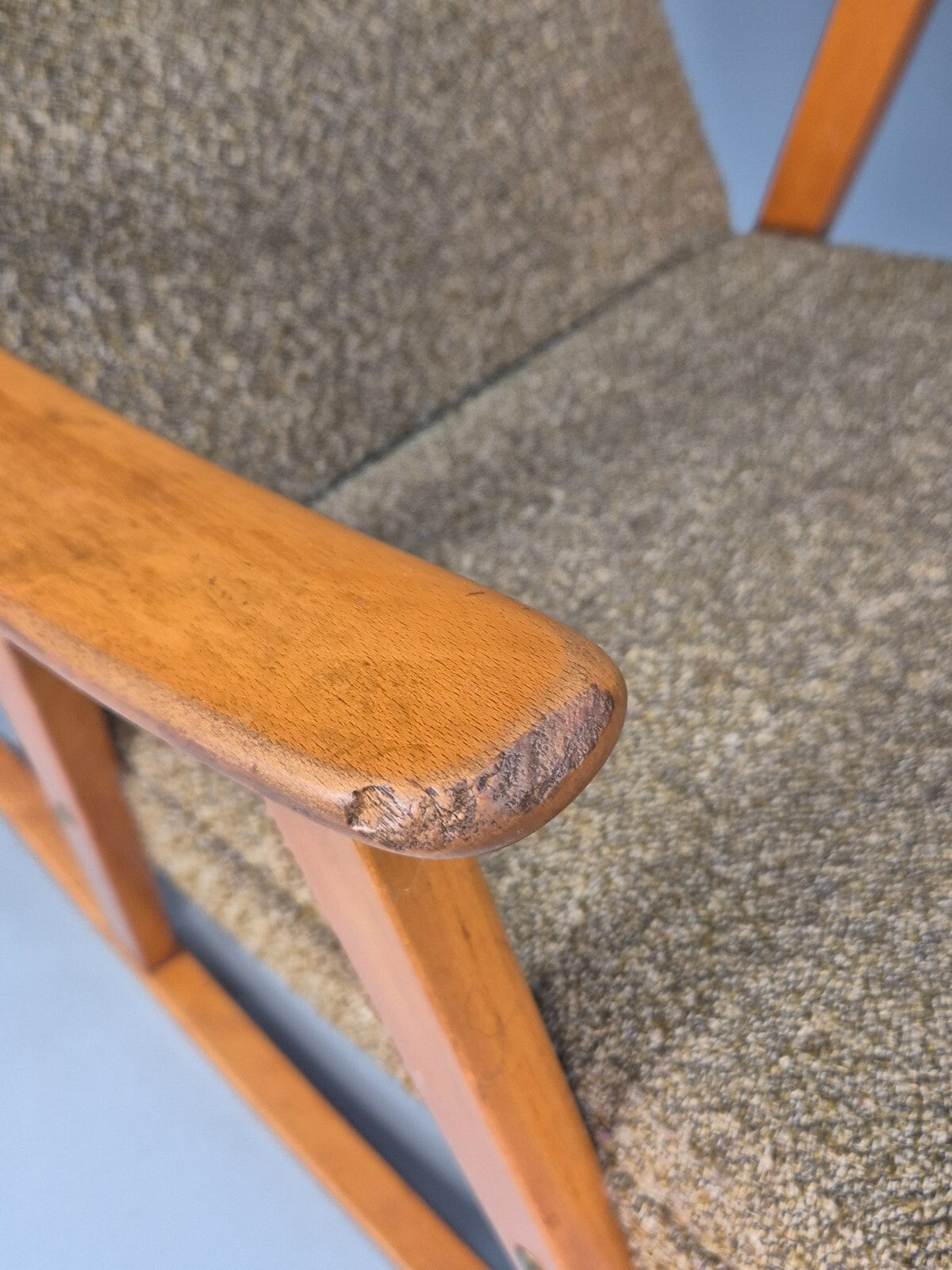 Mid Century Rocking Chair Olive Brown Wool Fabric Beech Frame 1950s EB9595 MNOR - UKDK FURNITURE