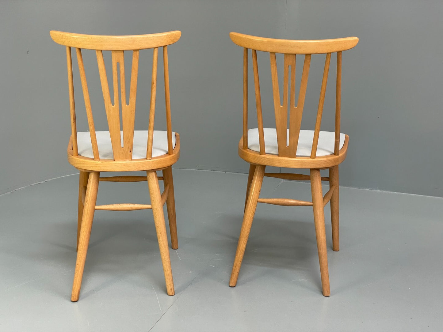Mid Century Beech Dining Chairs Pair Off White Vinyl 1960s EB9779 MDIN - UKDK FURNITURE
