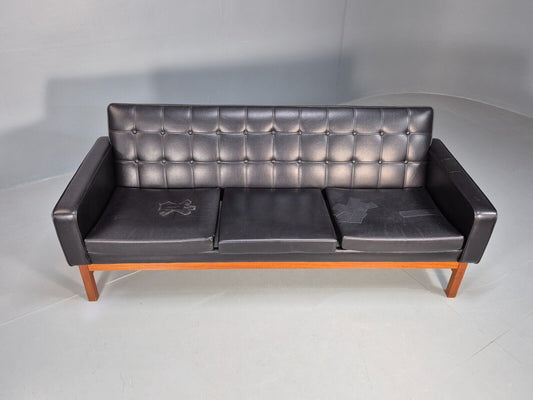 Vintage Swedish 3 Seat Sofa Black Vinyl Teak Base 1960s Retro MCM Eb7771 M3SS - UKDK FURNITURE
