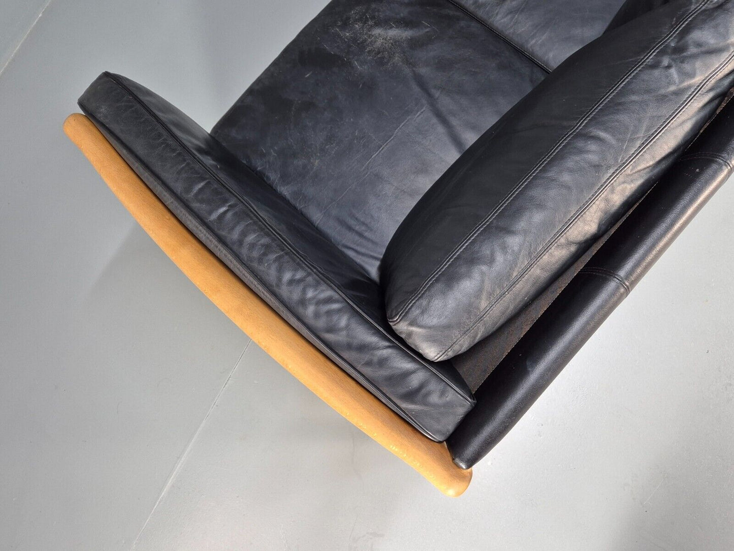 Vintage 3 Seat Sofa Black Leather Beech Ends Stouby Retro 1980s MCM EB8593 M3SS - UKDK FURNITURE