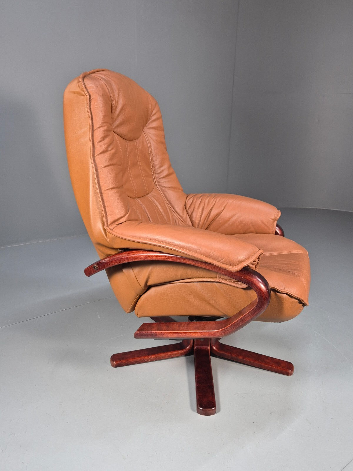Vintage Tan Leather & Vinyl Swivel & Reclining Chair Danish Retro EB9265 MSWI - UKDK FURNITURE
