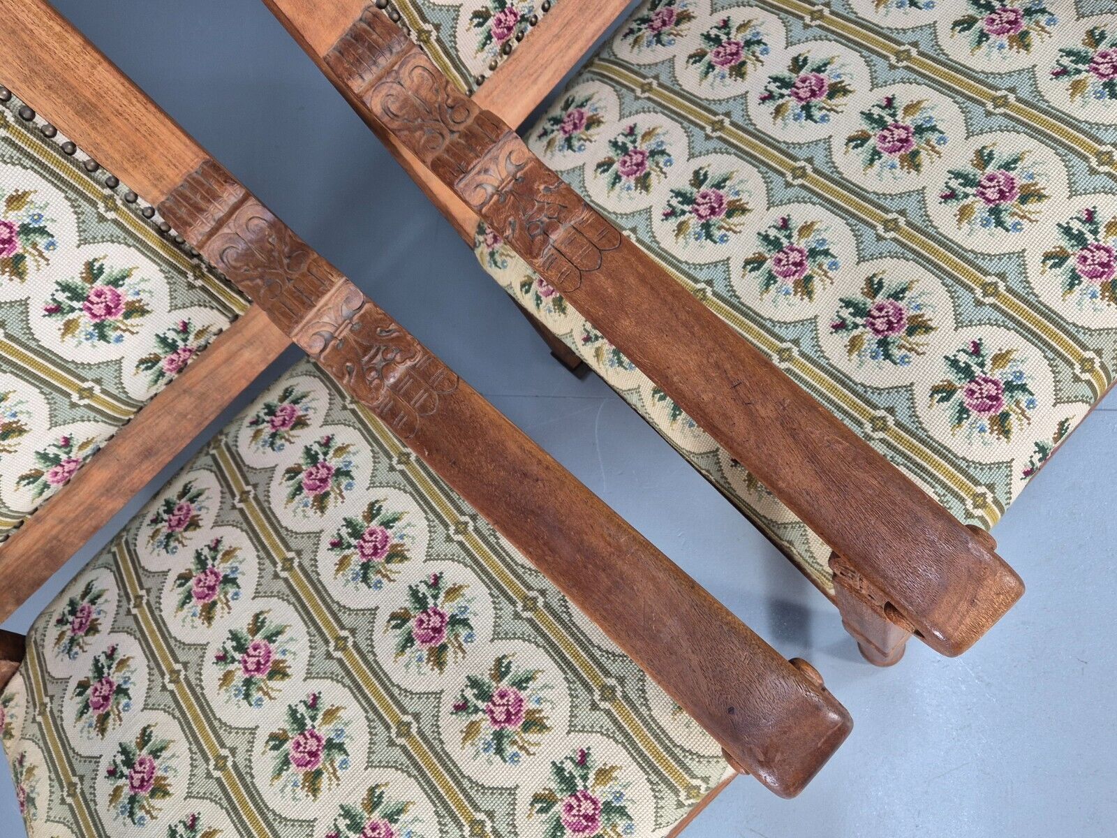 2 Vintage Danish Lounge Chairs Floral Embroidery Oak Frame Antique EB8916 VCAR - UKDK FURNITURE