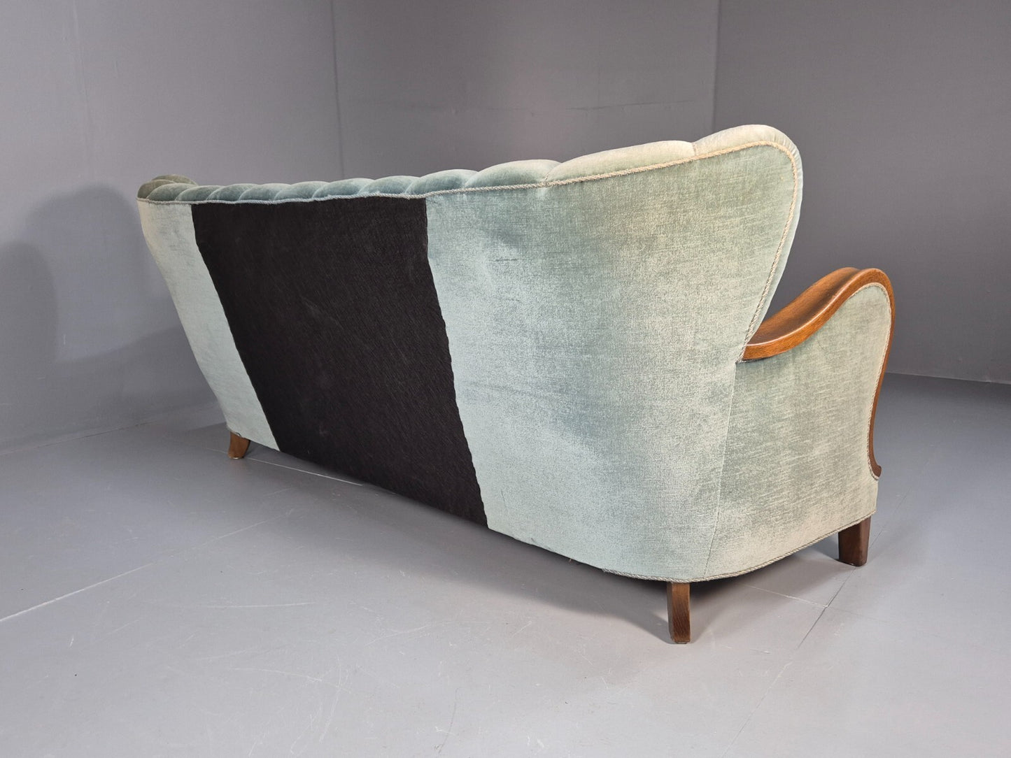 Vintage Danish Art Deco Sofa Blue Velvet Velour Oak Frame Shell Back EB9591 V3SS - UKDK FURNITURE
