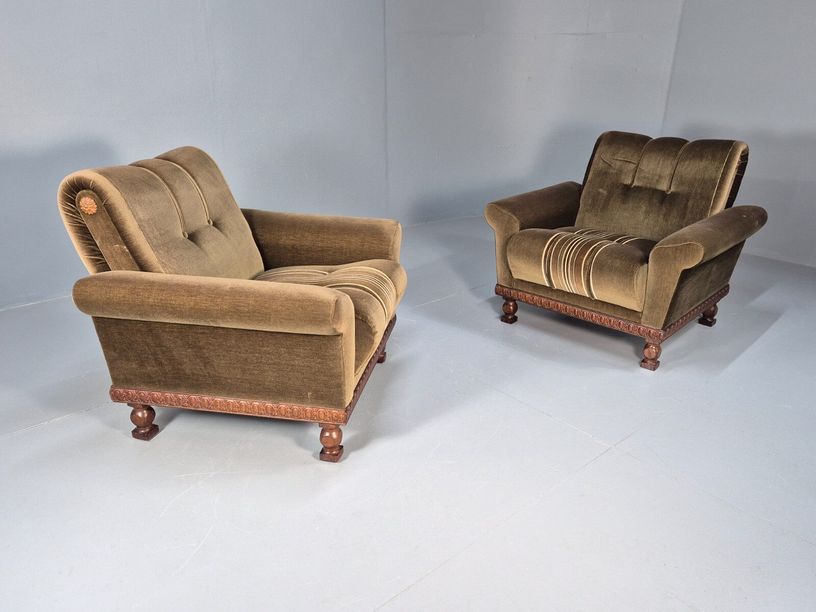 2 Vintage Danish Green Velour Armchairs Oak trim 1970 Quality Retro EB9027 VCLO - UKDK FURNITURE