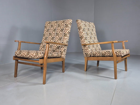 2 Vintage Lounge Chair Floral Upholstery Beech Frame Retro 1960s EB7882 MNOR - UKDK FURNITURE