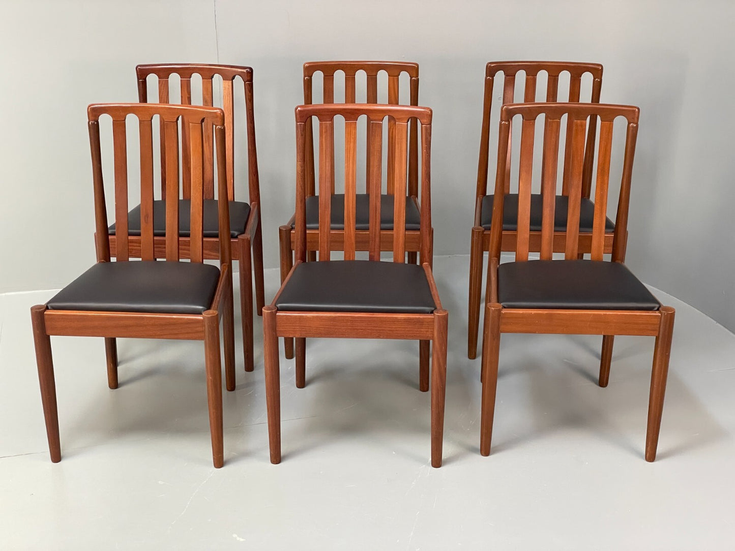 Vintage Meredew Dining Chairs Six Mahogany Teak 1970s Black Vinyl EB9726 MDIN - UKDK FURNITURE