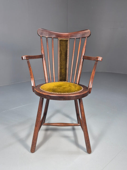 Edwardian Penny Seated Elbow Chair Mahogany Frame green Velour 1900 EB10612 VWOO1