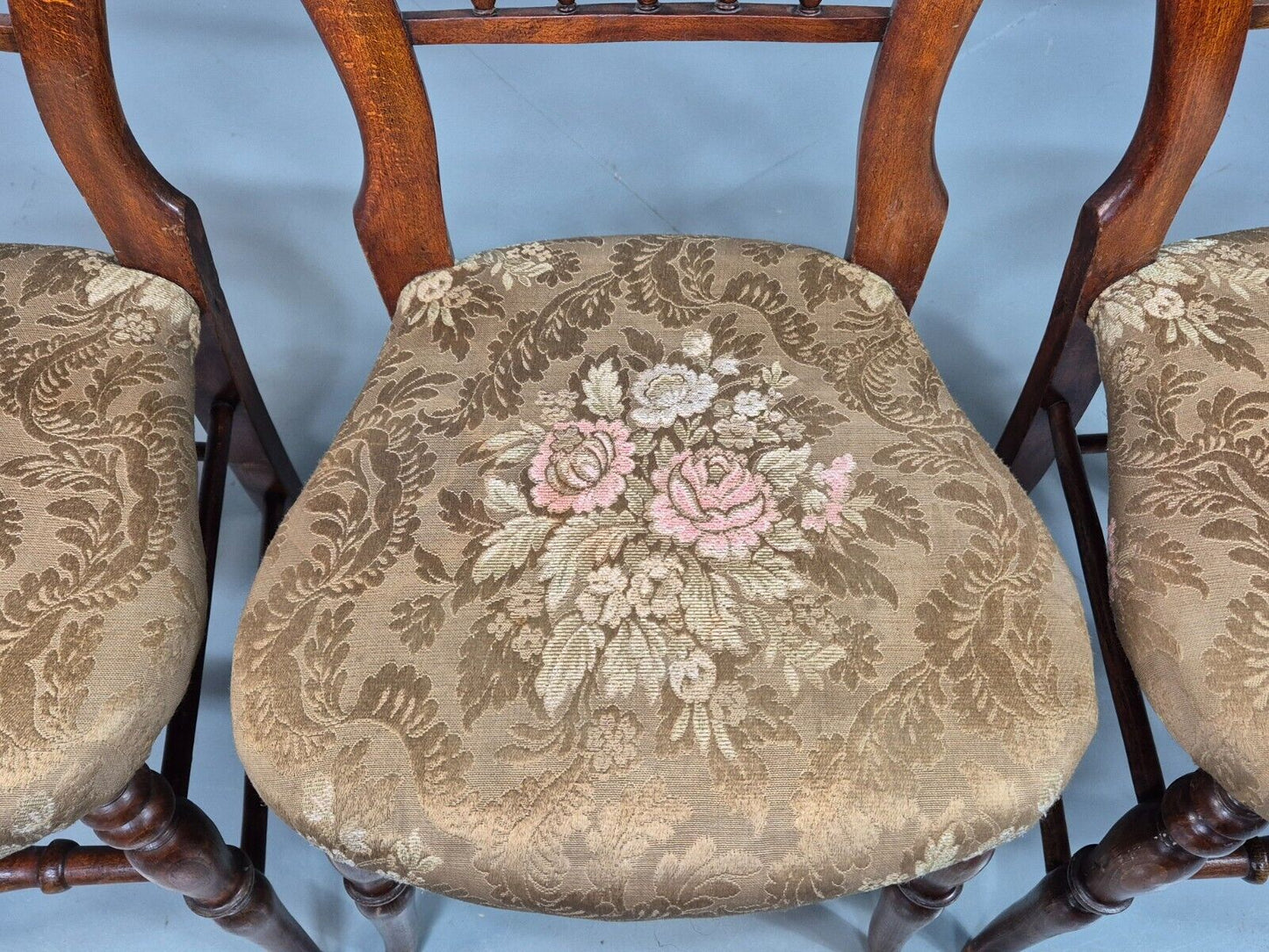 3 Vintage Dining Chairs Floral Seats Walnut Frame Balloon Victorian EB8182 VDIN - UKDK FURNITURE