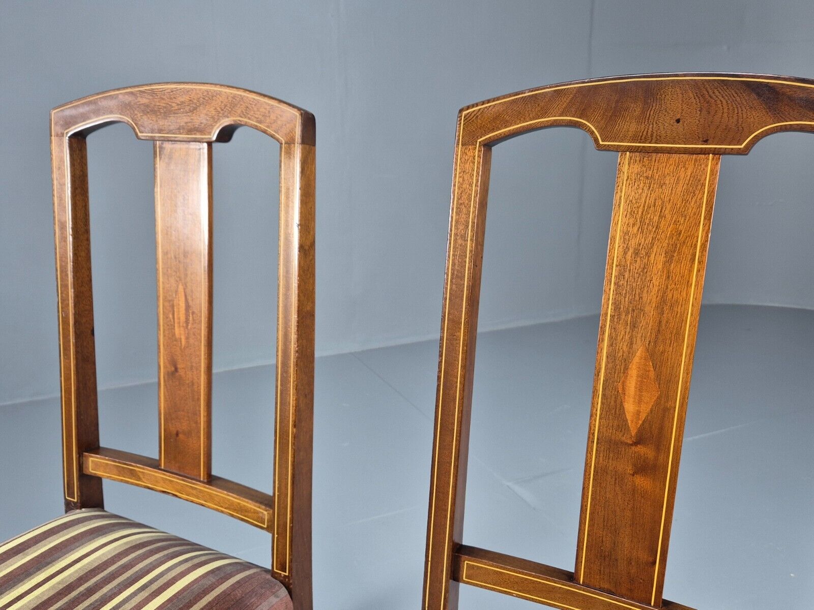 2 Vintage Dining Chairs Stripe Upholstery Boxwood Inlay 1920s EB8852 VDIN - UKDK FURNITURE