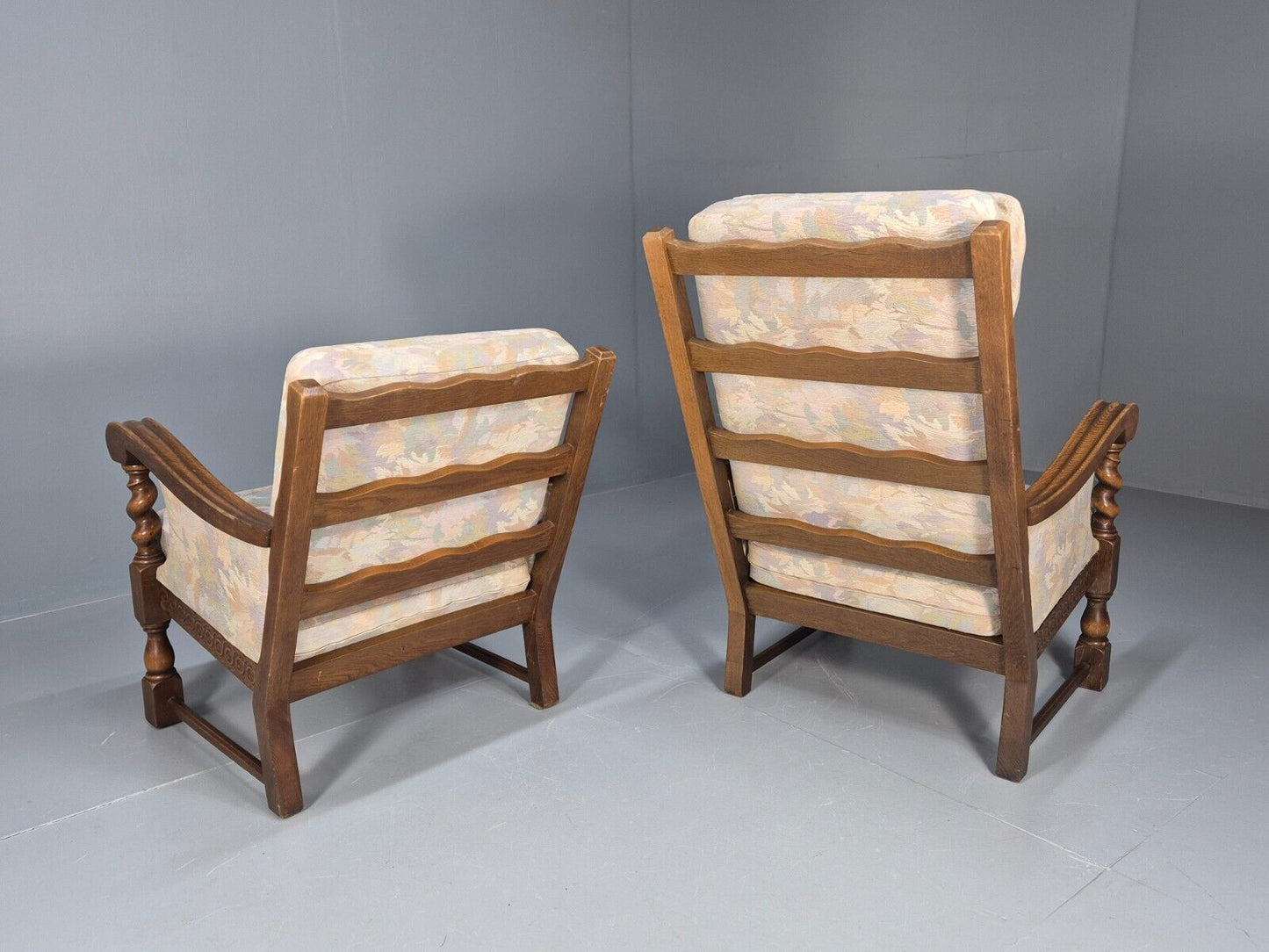 2 Vintage Danish Lounge Chairs Floral Beige Cotton Oak Frame Baroque EB8952 VCLO - UKDK FURNITURE