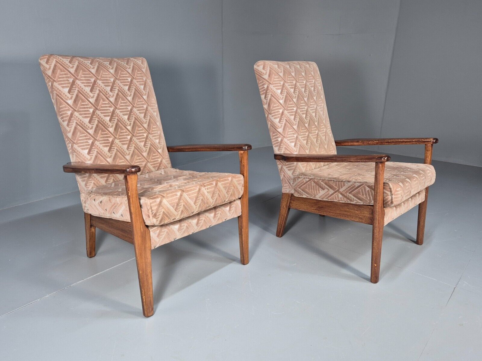 Vintage Parker Knoll Armchairs Pair Deco Pink Fabric Stained Beech EB8866 MCLO - UKDK FURNITURE