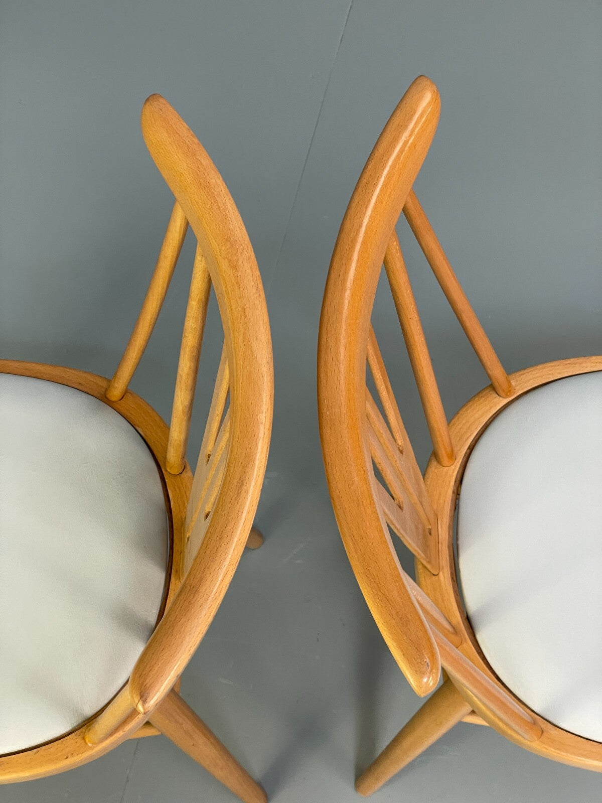 Mid Century Beech Dining Chairs Pair Off White Vinyl 1960s EB9779 MDIN - UKDK FURNITURE