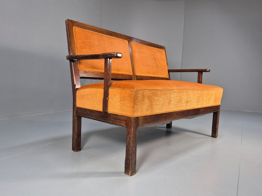 Vintage 1940s Danish Bench Sofa Orange Velour Brass Decoration EB9656 M2SS - UKDK FURNITURE