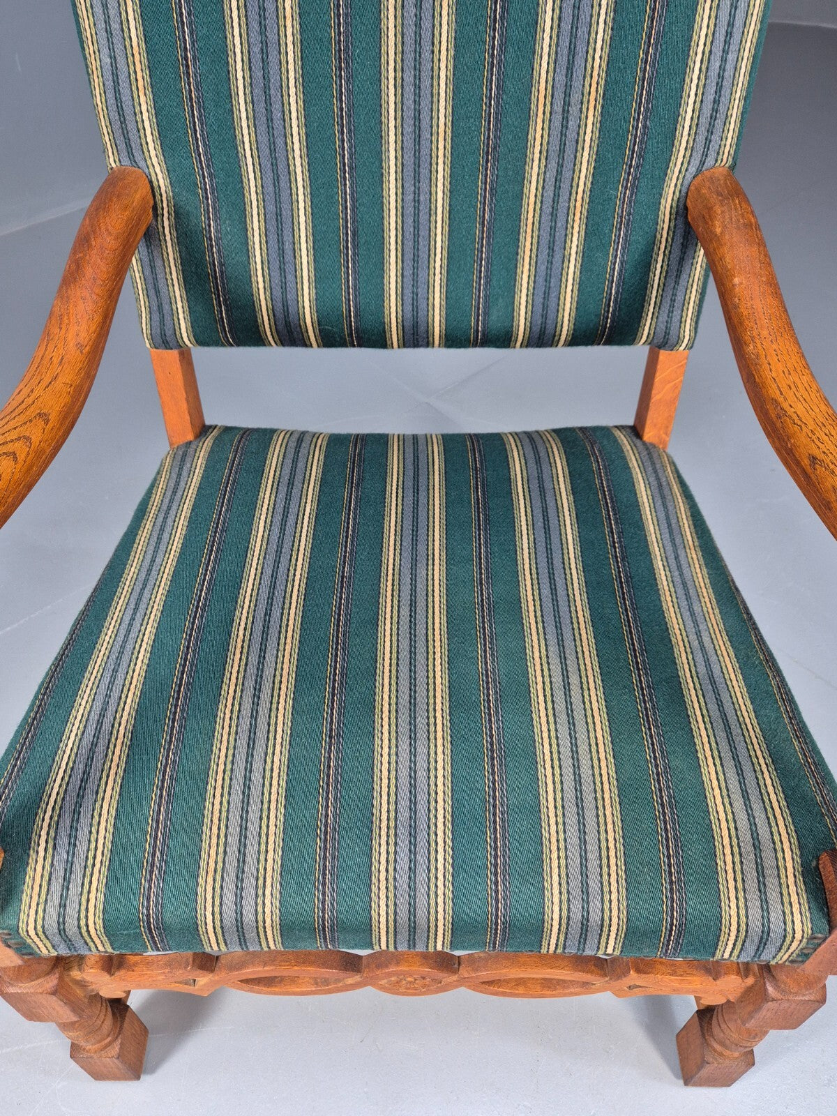 A Vintage Danish Baroque Style Armchair Green Wool Stripe Oak Frame EB9002 VCLO - UKDK FURNITURE