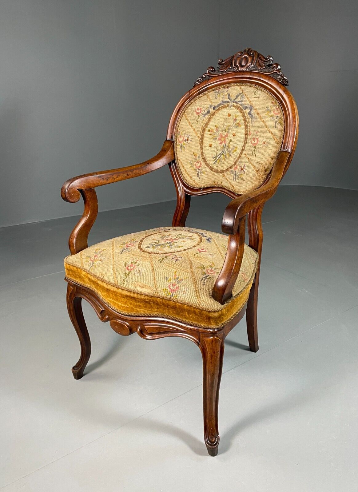Vintage Danish Fauteuil Chair Mahogany Floral Tapestry Antique EB6453 VCLO - UKDK FURNITURE
