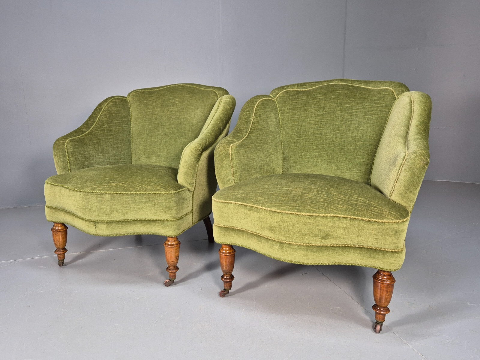 2 Vintage Danish Antique Tub Chairs Green Velour 19th Century EB9033 VCLO - UKDK FURNITURE