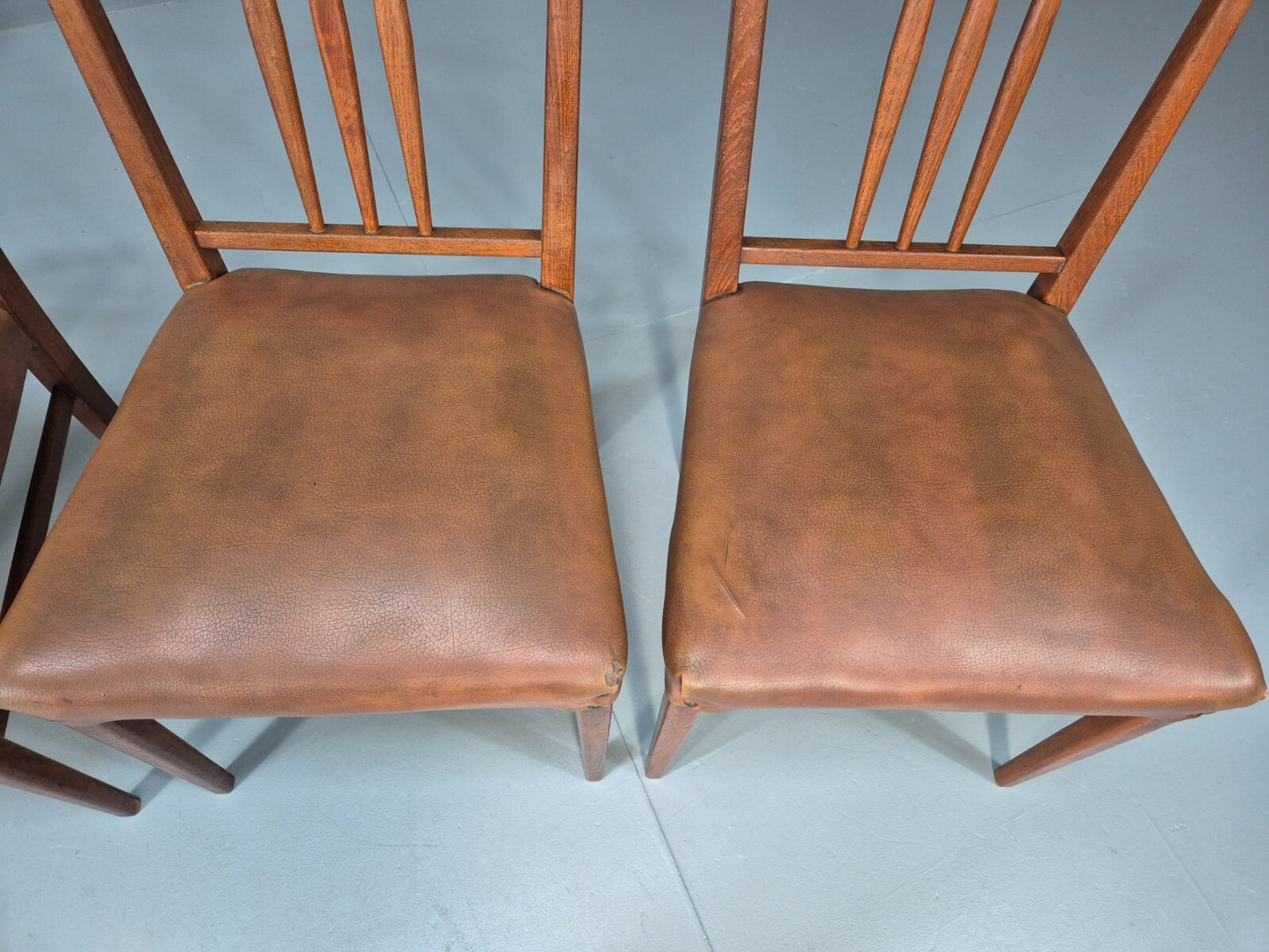 4 Gordon Russell Teak Dining Chairs Brown Vinyl 1960s Retro MCM EB9681 MDIN - UKDK FURNITURE