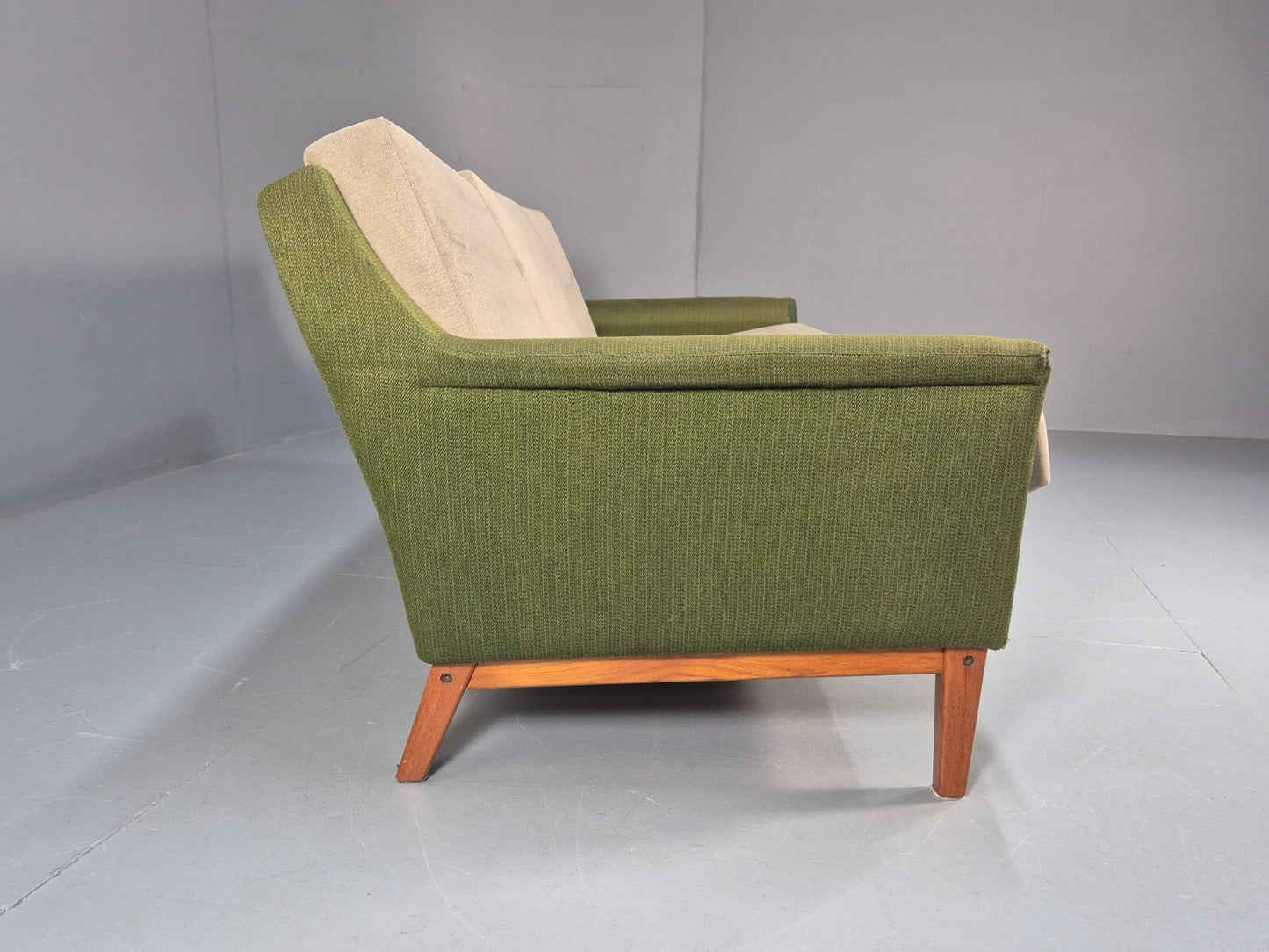 Mid Century 3 Seater Sofa Green Cream Fabric Teak Vintage Scandi EB9794 M3SS - UKDK FURNITURE