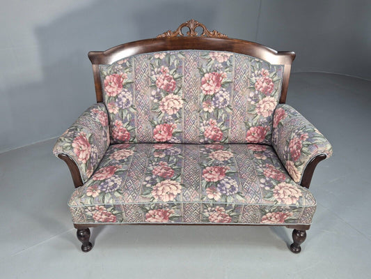 Vintage Danish 2 Seat Sofa Grey Floral Mahogany Antique 1900s EB8009 V2SS - UKDK FURNITURE