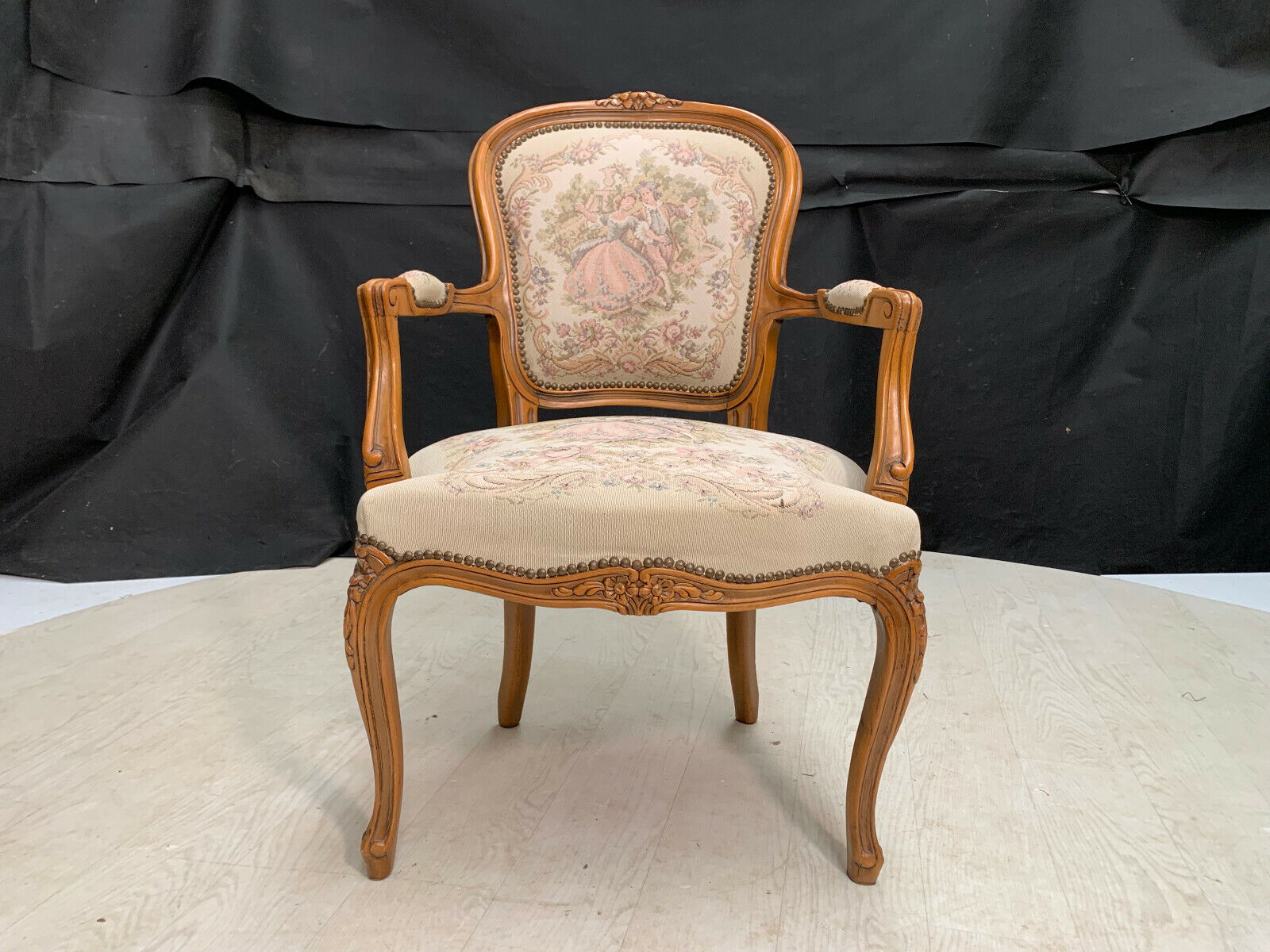Danish Carved Beech & Tapestry Style Cream Wool Chair Vintage EB2516 VCAR - UKDK FURNITURE