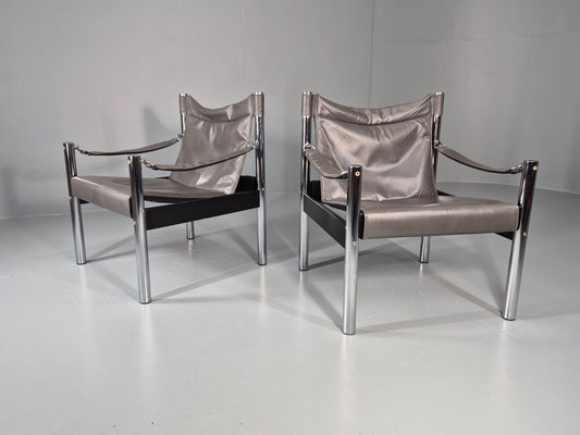 2 Vintage Leather and Chrome Lounge Chairs Safari by Borje Johanson EB11287 MNOR1